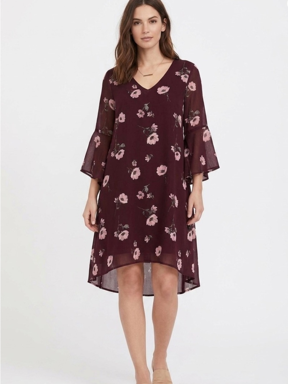 Lush Wine Floral High-Low V-Neck Bell Sleeve Dress